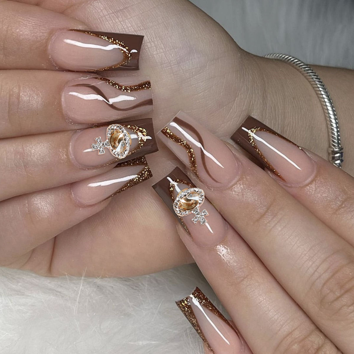 Brown Ombre Nails with Gold Accents