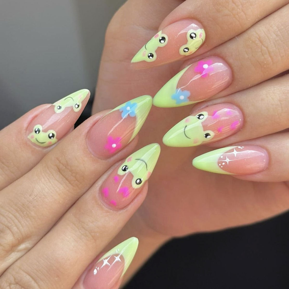 Frog Garden Dream Long Pointed Stiletto Neon Green Press On Nail