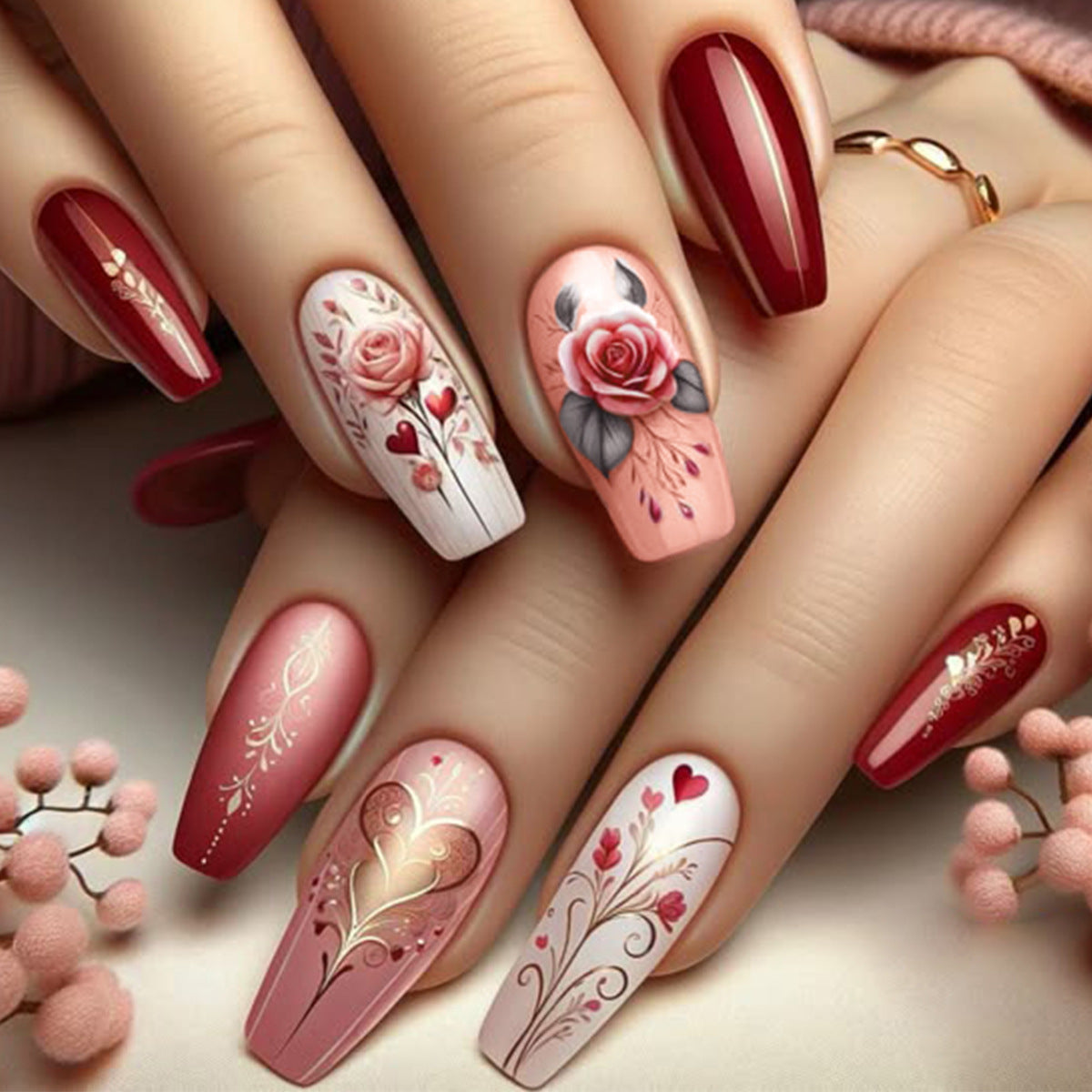 Elegant Red Floral Coffin Nails