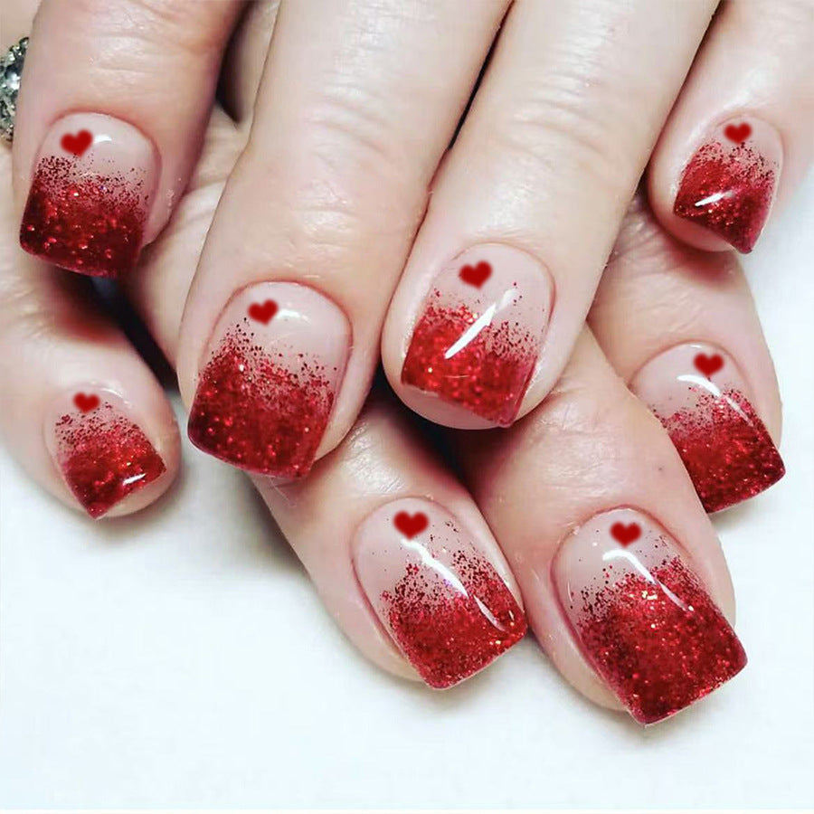 Flirty Red Glitter Heart Nails