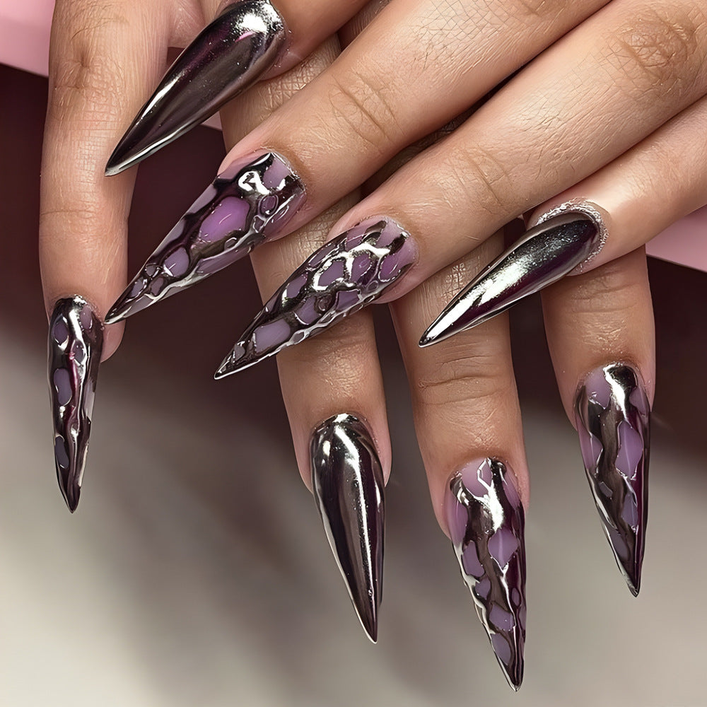 Stunning Dark Purple Nails with Animal Glam