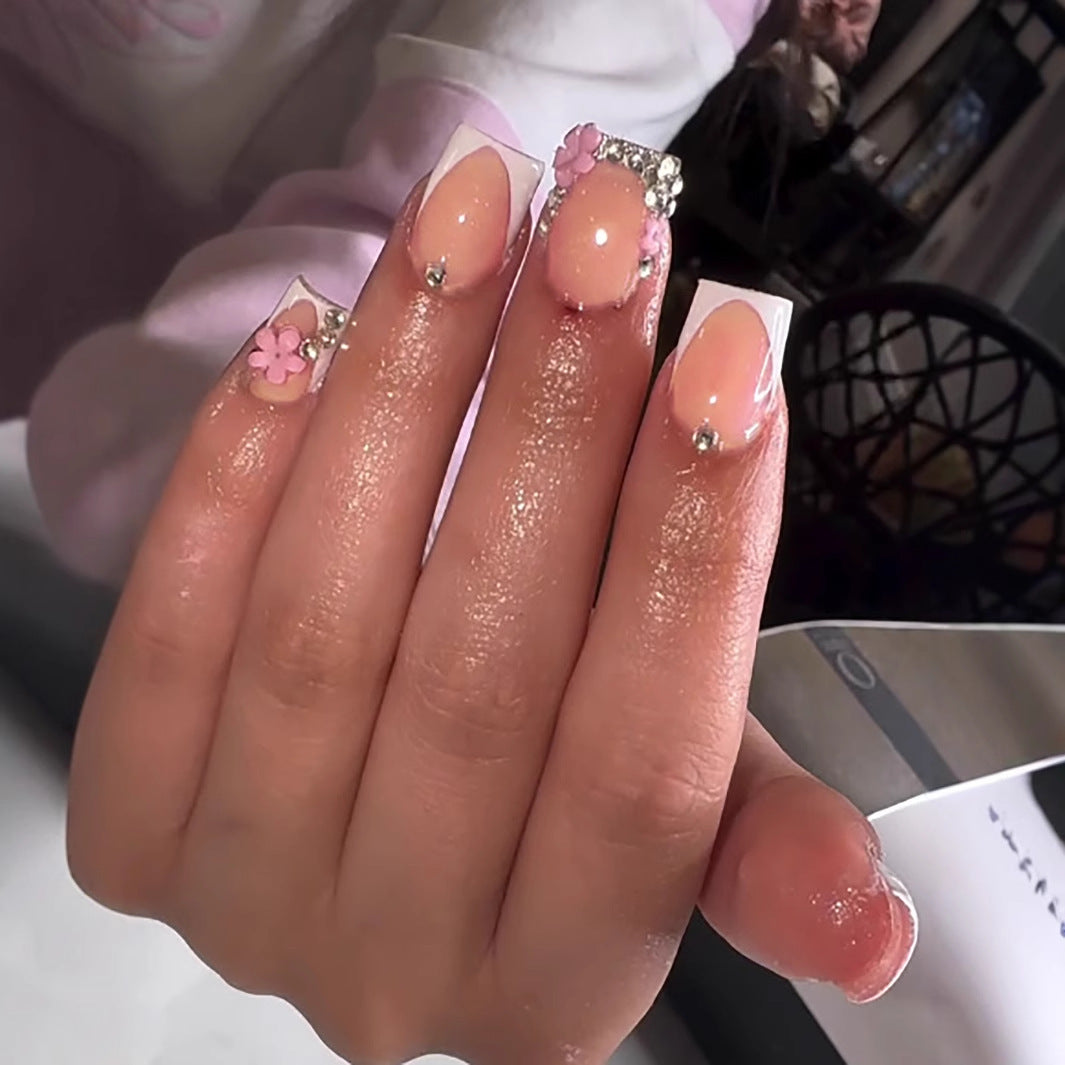 Adorable Peach & White Acrylic Short Nails