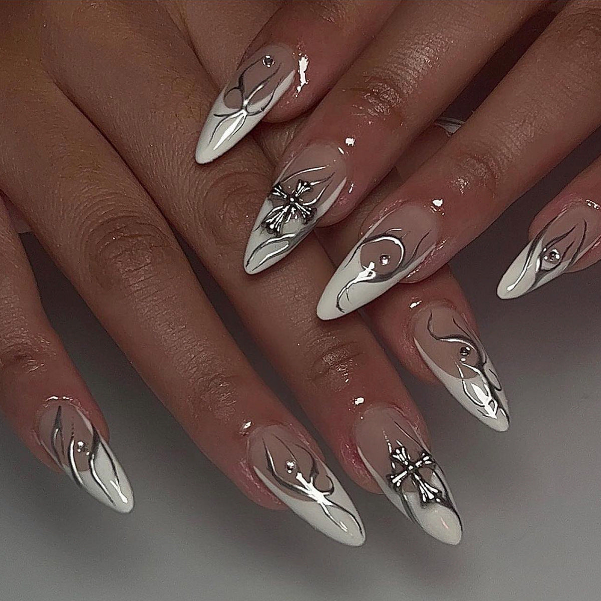 White Nails with Silver Flowers and Grace