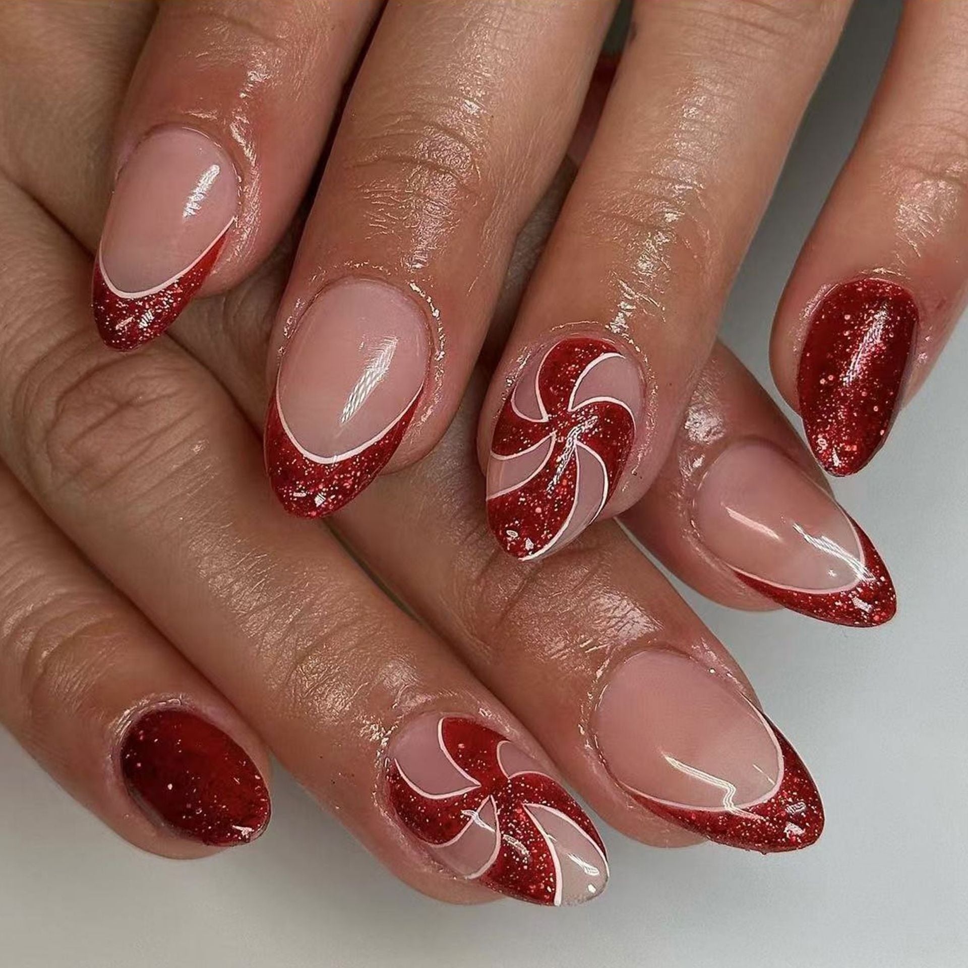 Candy Cane Red Ombre Almond Nails