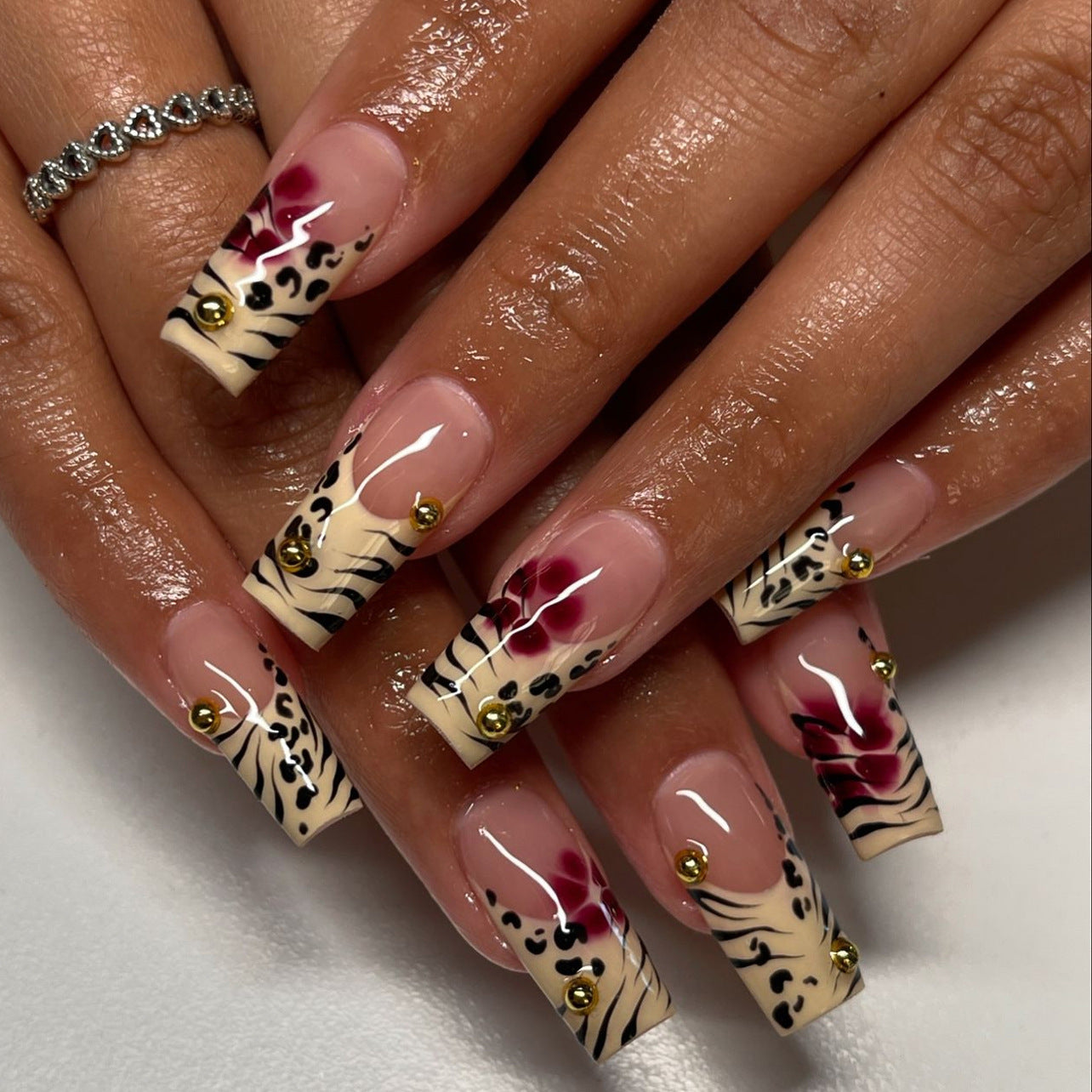 Leopard Print Nails with Gold Flair