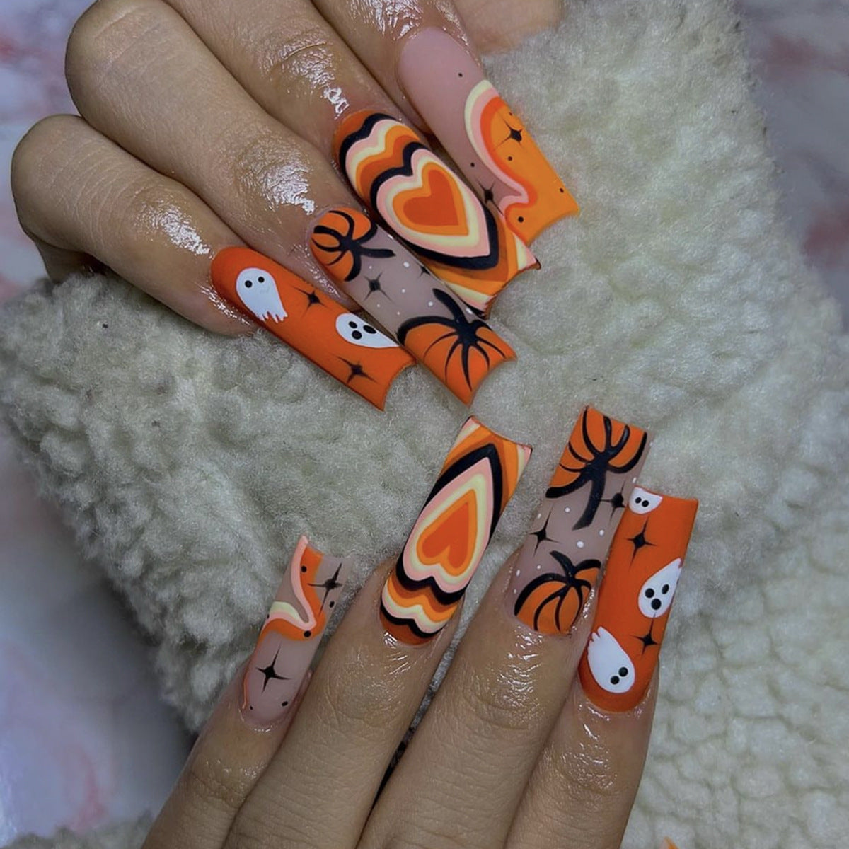 Spooky Orange Nails with Ghost & Spider Magic