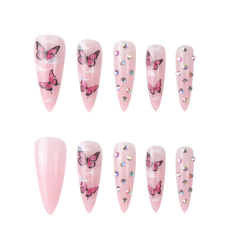 Butterfly Power Long Stiletto Pink Studded Press On Nails