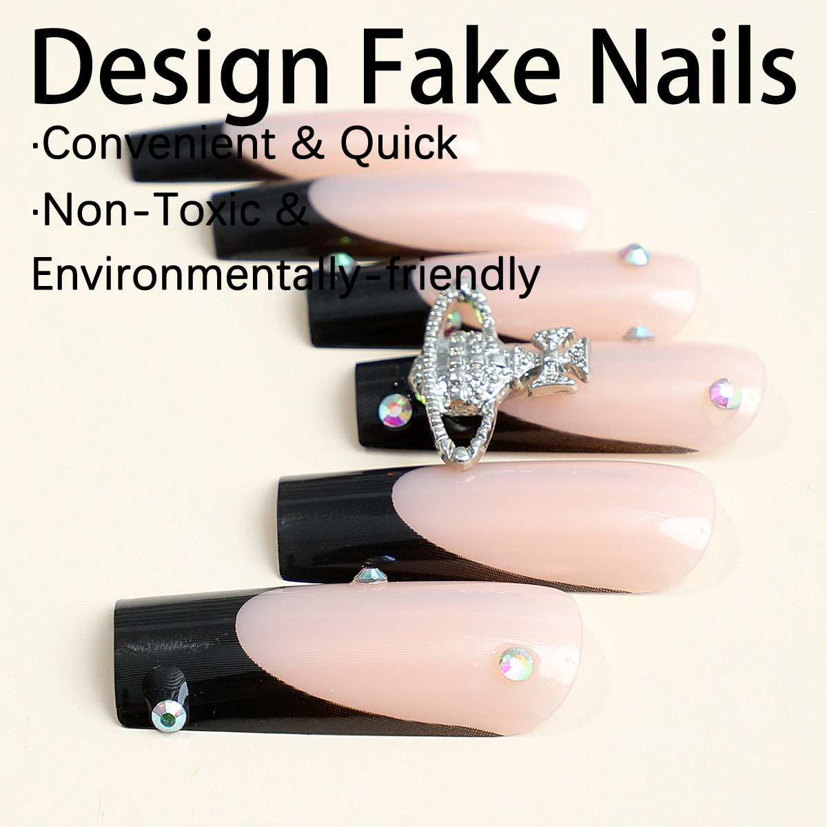 Gothic Glamour Long Square Midnight Black and Beige Press On Nails with Glitter Accents and Rhinestone Embellishments