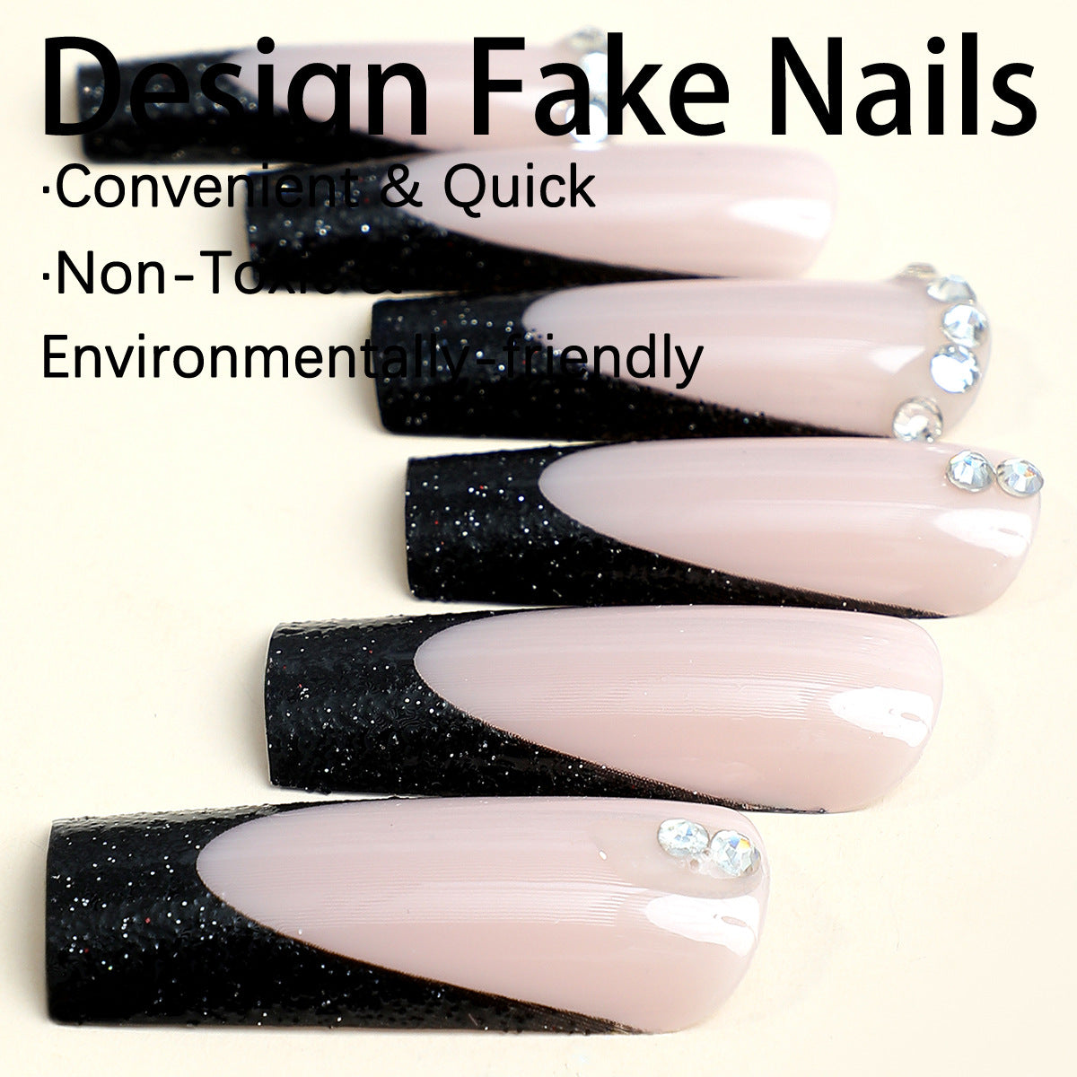 Glamorous Gala Extra Long Coffin Matte Black Press On Nails with Glitter Accents and Crystal Embellishments