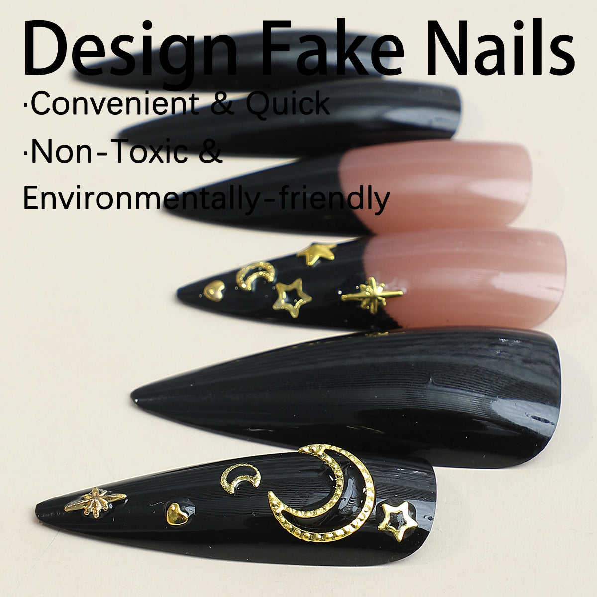 Galactic Glamour Long Stiletto Black and Beige Nail Set with Celestial Accents