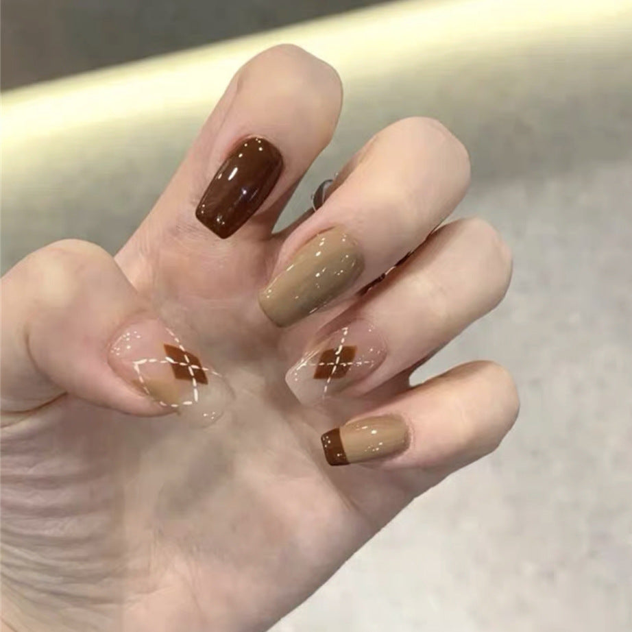 Brown Nails with Geometric Charm