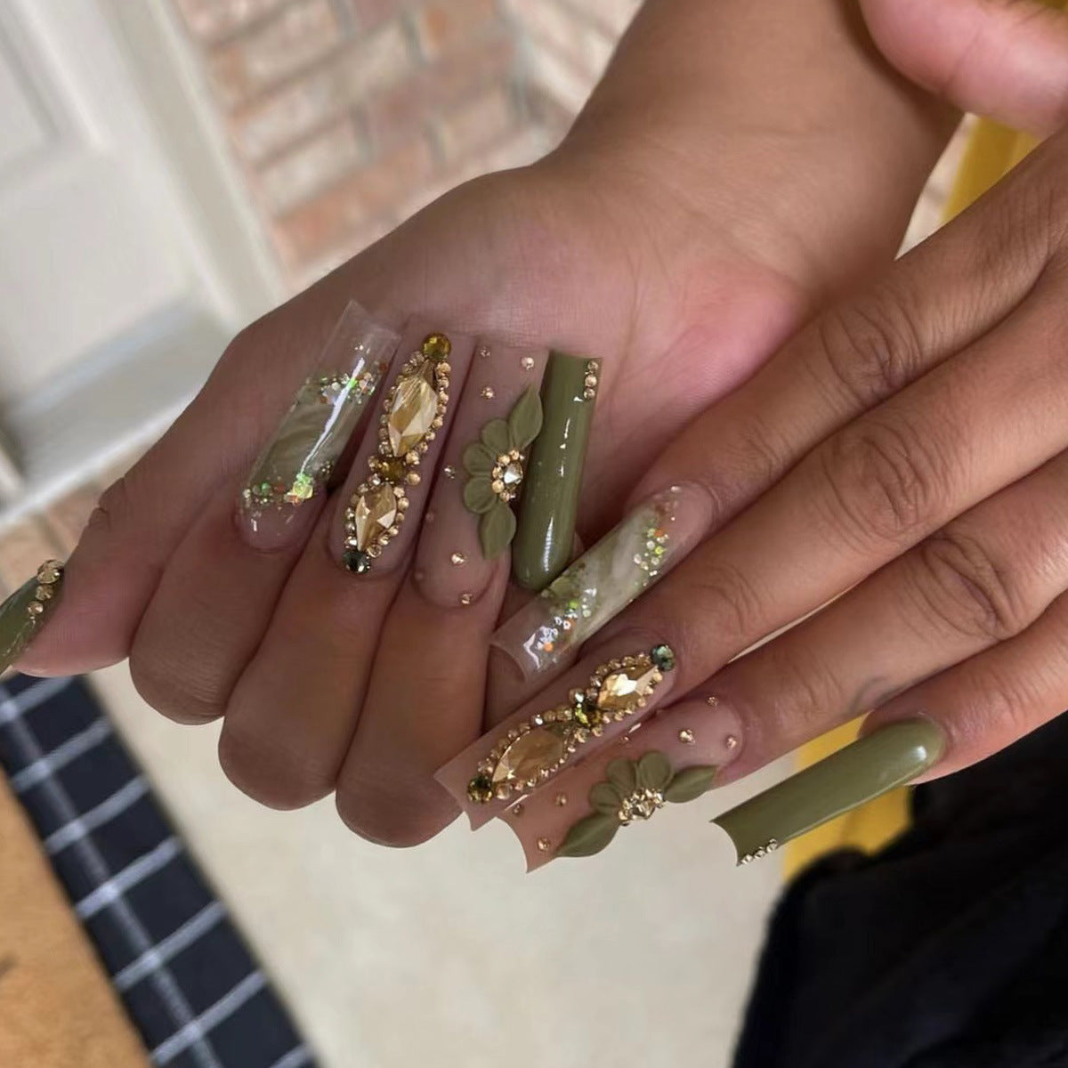 Olive Green Nails with Floral Magic