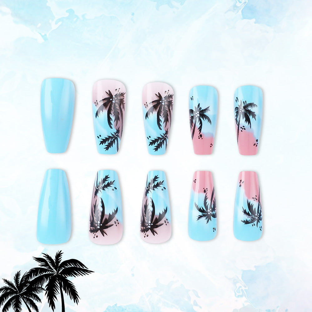 Tropical Paradise Long Coffin Blue and Pink Ombre with Palm Tree Design Press on Nail Set