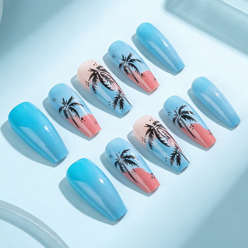 Tropical Paradise Long Coffin Blue and Pink Ombre with Palm Tree Design Press On Nail Set