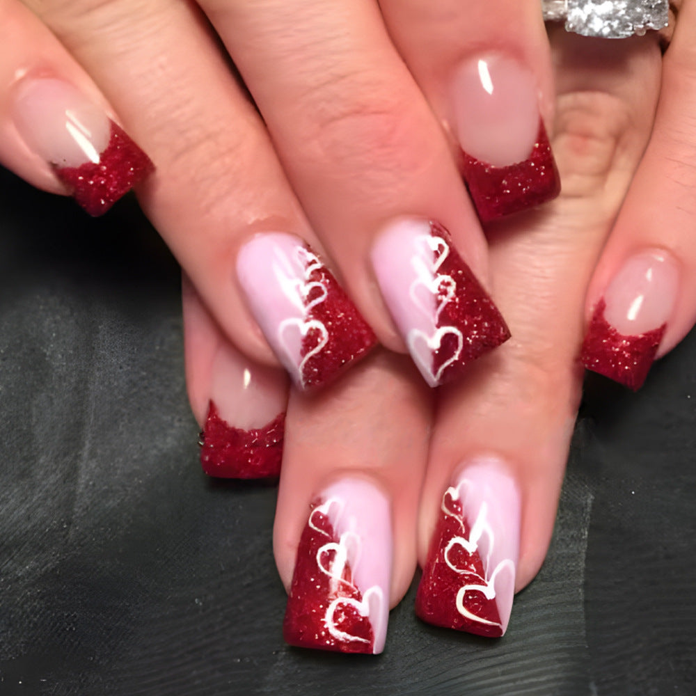 Romantic Elegance Short Square Red Glitter Tips With Heart Design Pres 