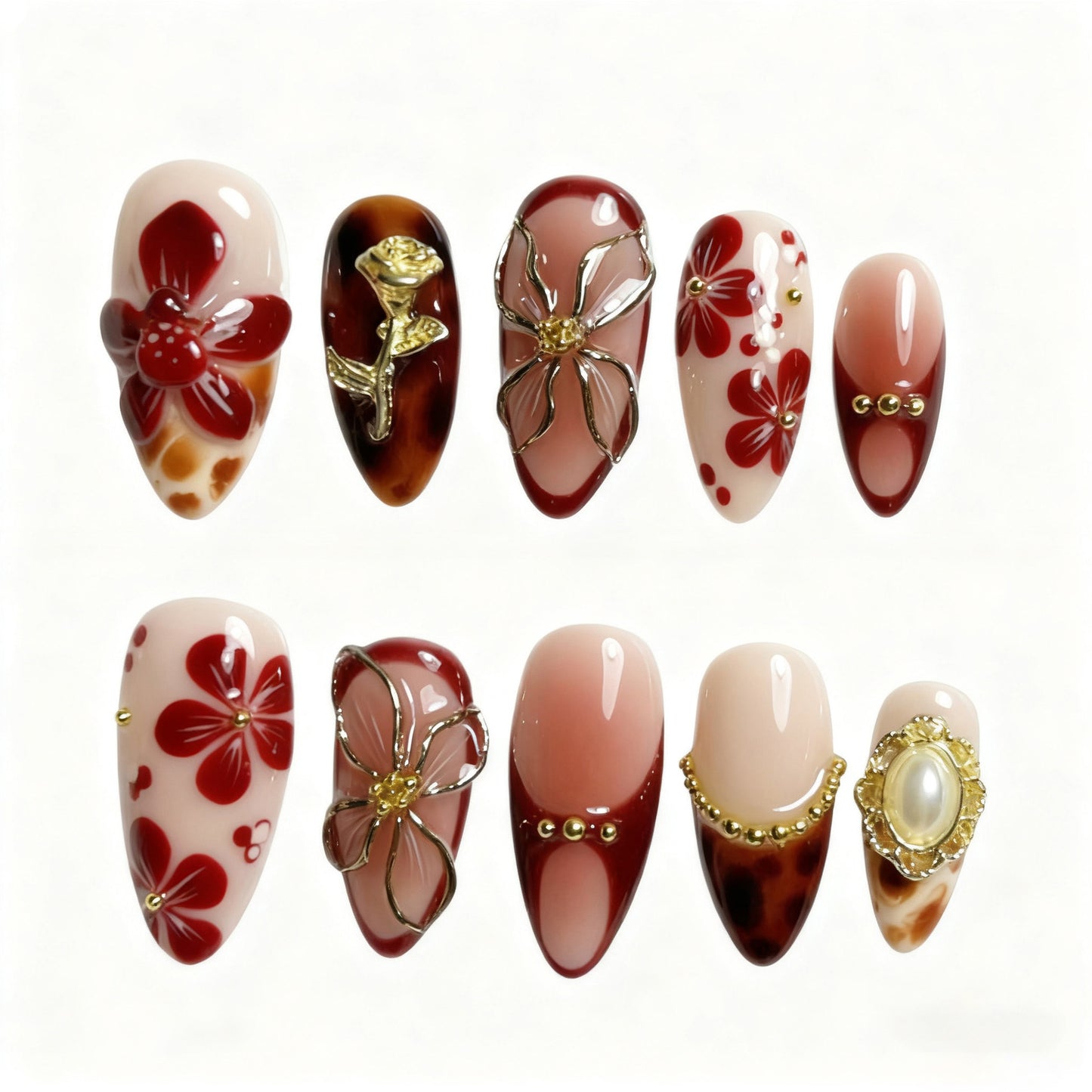 Floral Elegance Long Almond Red with Gold Accents Press On Nail Set