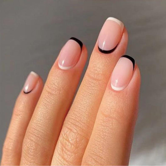 Natural Black and White Flipped Short Square Black Everyday Press On Nails