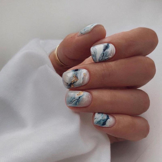 Watercolor Waves Short Square Blue Cute Press On Nails