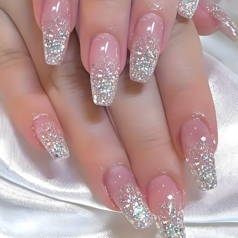 Bridal Elegance Medium Coffin Pink Press-On Nails with Glitter