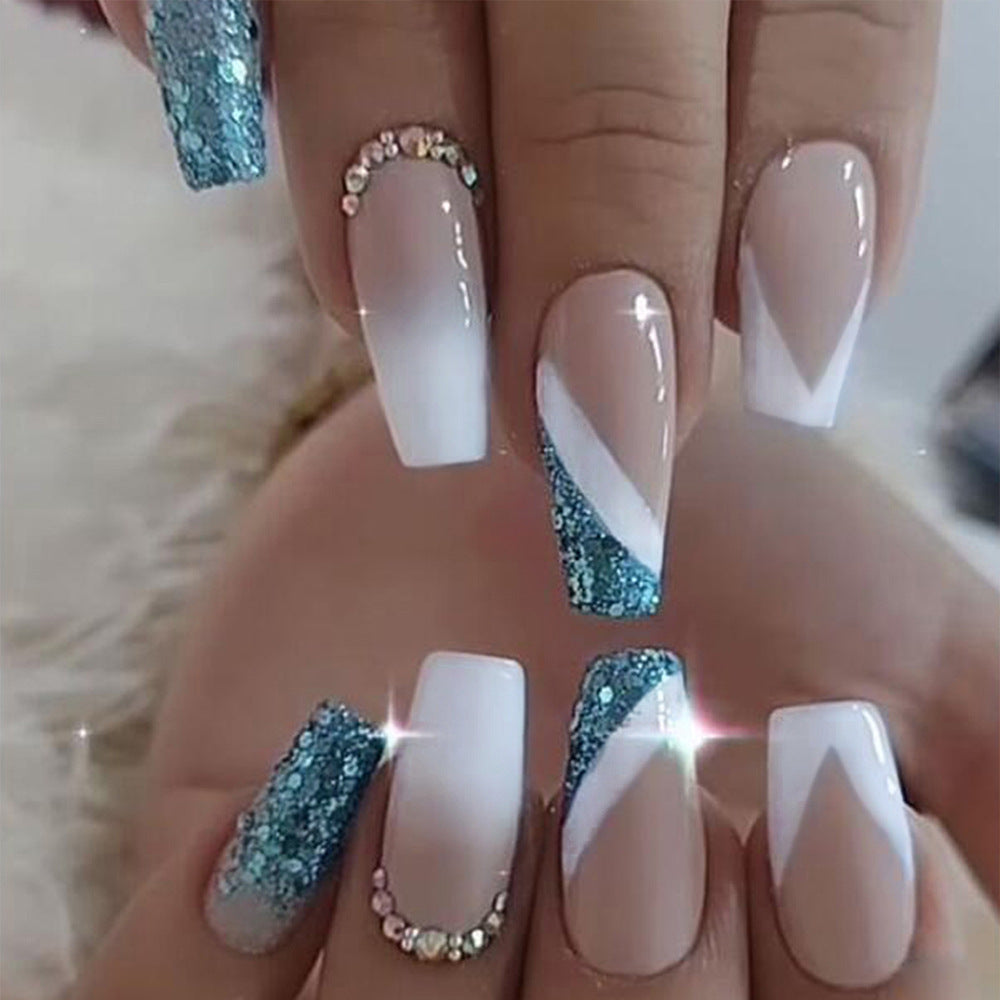 Uptick Long Coffin Blue Glitter Press On Nails – RainyRoses