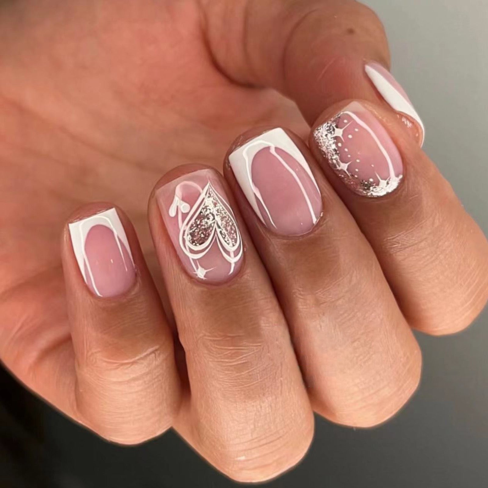 Elegant Lace Design Nails in Soft Pink
