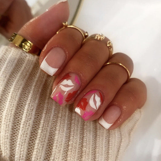 Smoochies Short Square White Pink Red Love Press On Nails