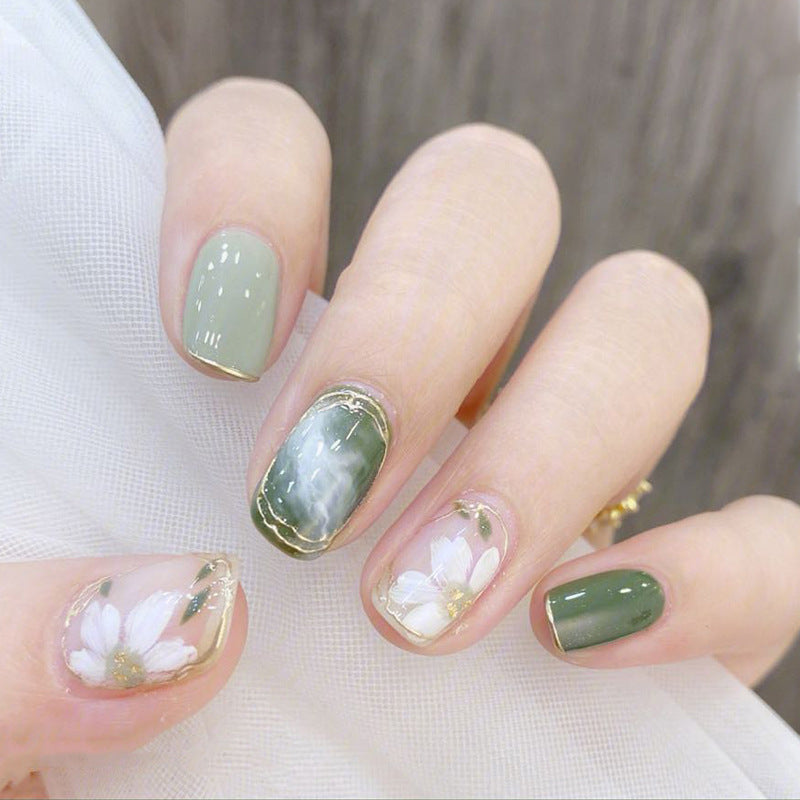 Flowers Pearl French False Nail Coffin Short Press on Nails for