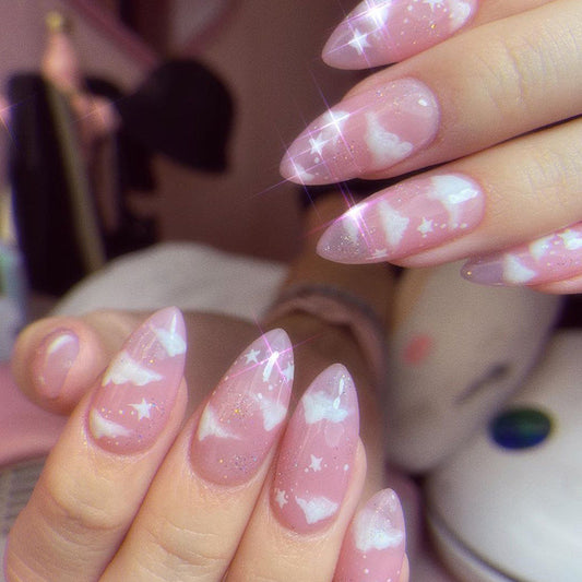 Starlight Clouds Short Almond Pink Cute Press On Nails