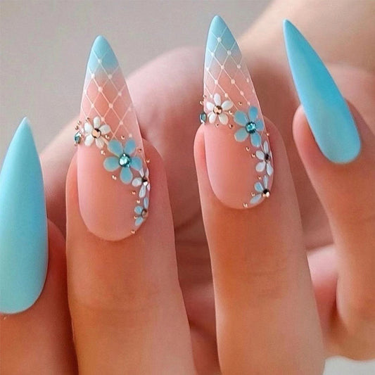 Flower Net Long Almond Blue Spring Press On Nails