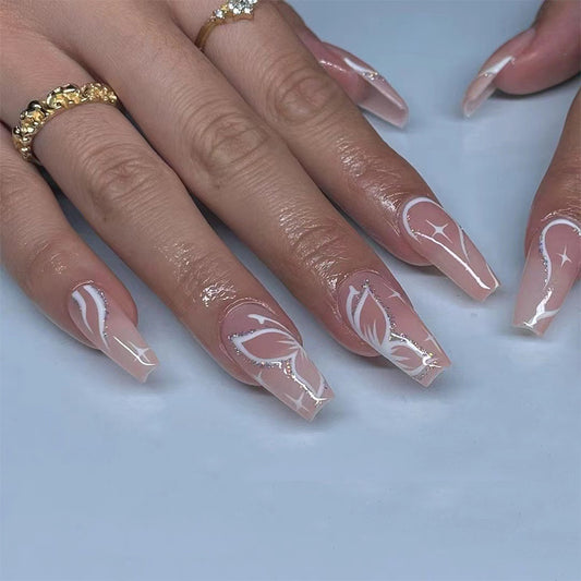 Butterfly Diamond Long Coffin Beige Spring Press On Nails