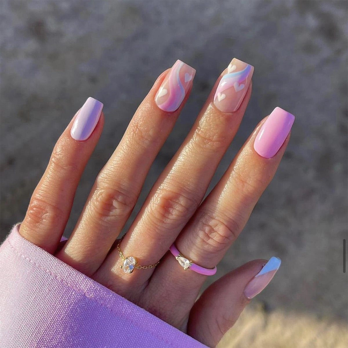Iridescent Skies Medium Square Multicolor Hearts Press On Nails