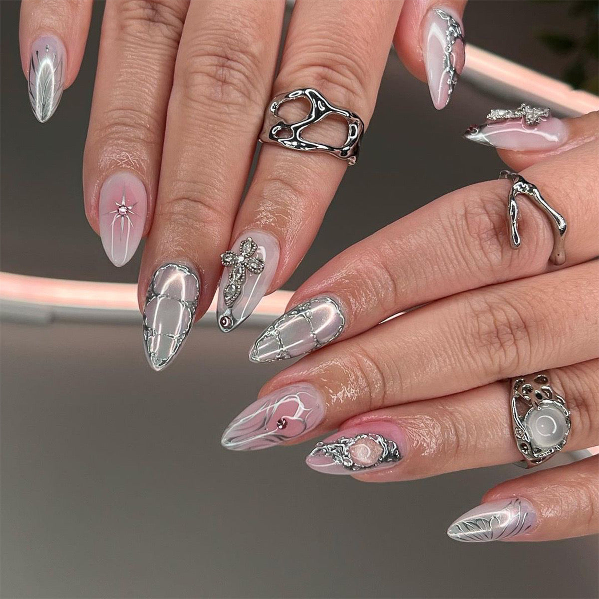 Y2K Holographic Silver Nails 2025