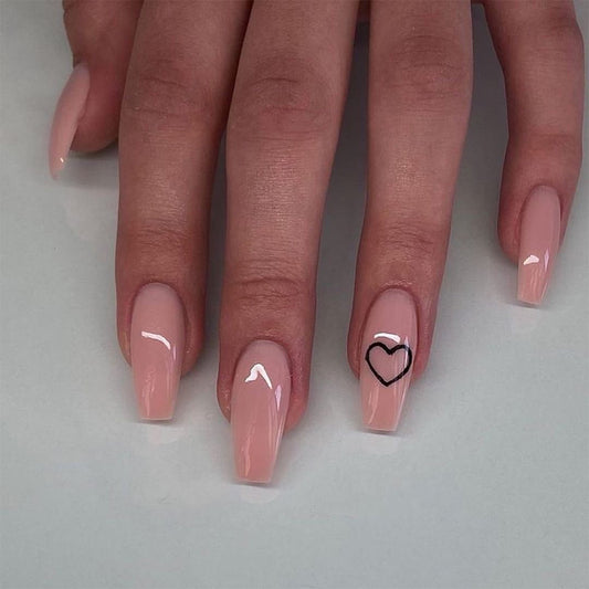 Delirious Long Coffin Beige Hearts Press On Nails