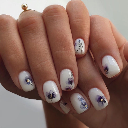 Sweet Bloomings Short Square Purple Floral Press On Nails
