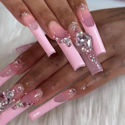 Crystal Heart Long Square Pink Studded Press On Nails