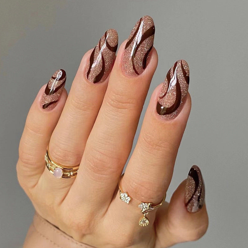Chocolate Swirl Long Oval Brown Glitter Press On Nails – RainyRoses