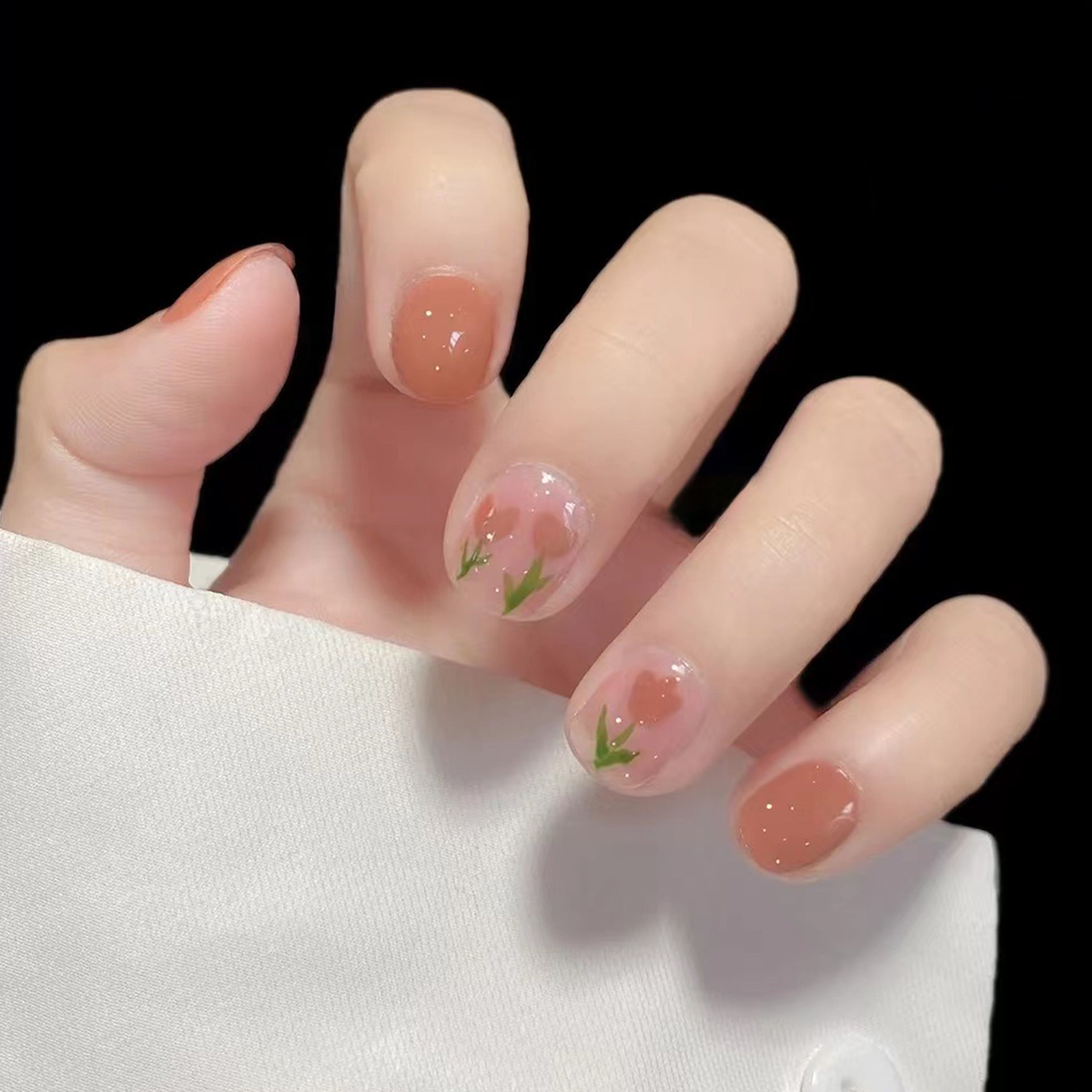 Spring Bloom Short Squoval Clear Press-on Nail Set with Peach Base