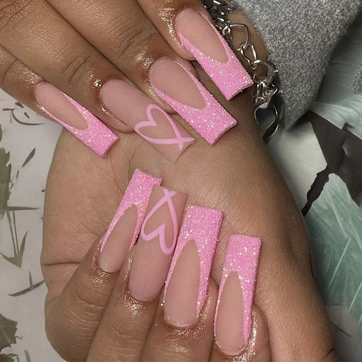 Dare To Mess With Long Square Pink Glitter Press On Nails – RainyRoses
