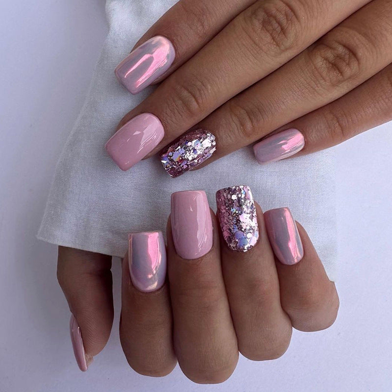 Elegant Press On Nails with Rhinestones - Pink and Burgundy Long