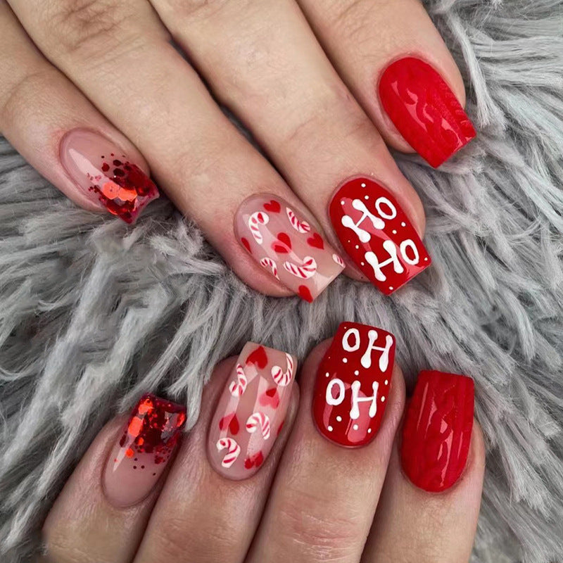Candy Cane ARt Medium Square Red Holiday Press On Nails