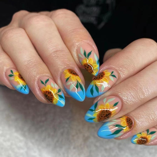 Van Gogh Sunflowers Short Stiletto Blue French Tips Press On Nails
