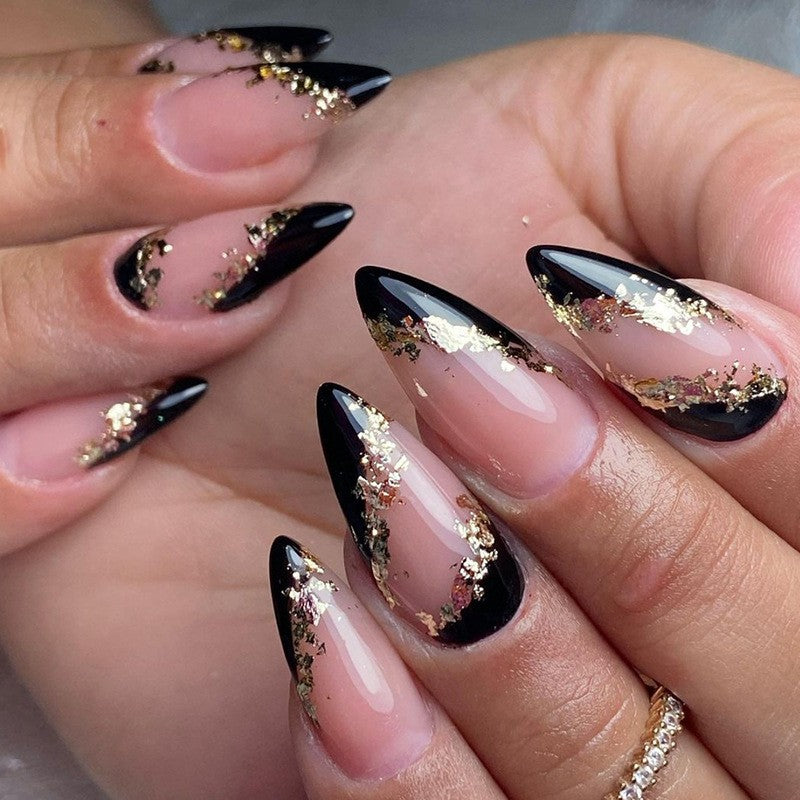 Go Your Way Medium Almond Black Glitter Press On Nails – RainyRoses