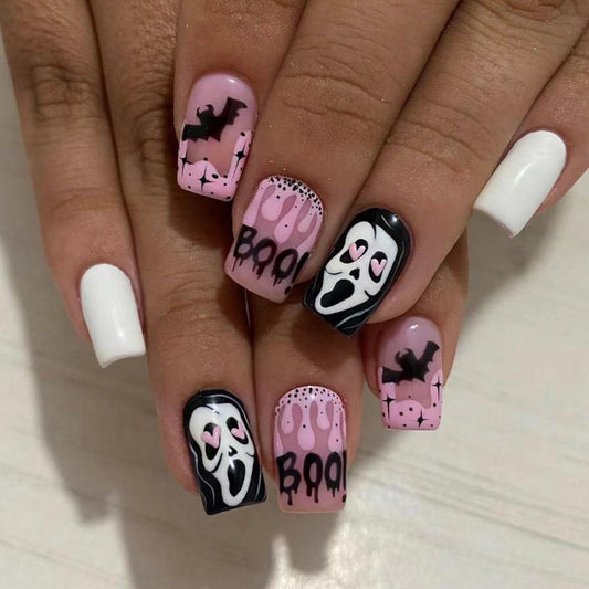 Love You Boo Short Square Pink Halloween Press On Nails