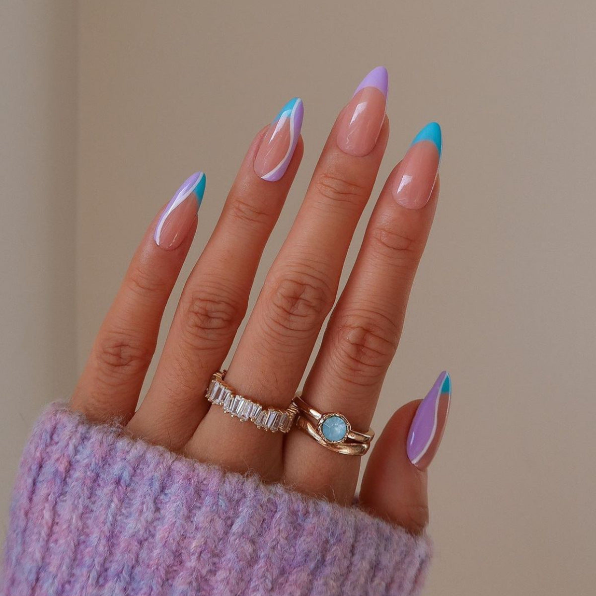 Pastel French Nails with a Soft Lavender Glow