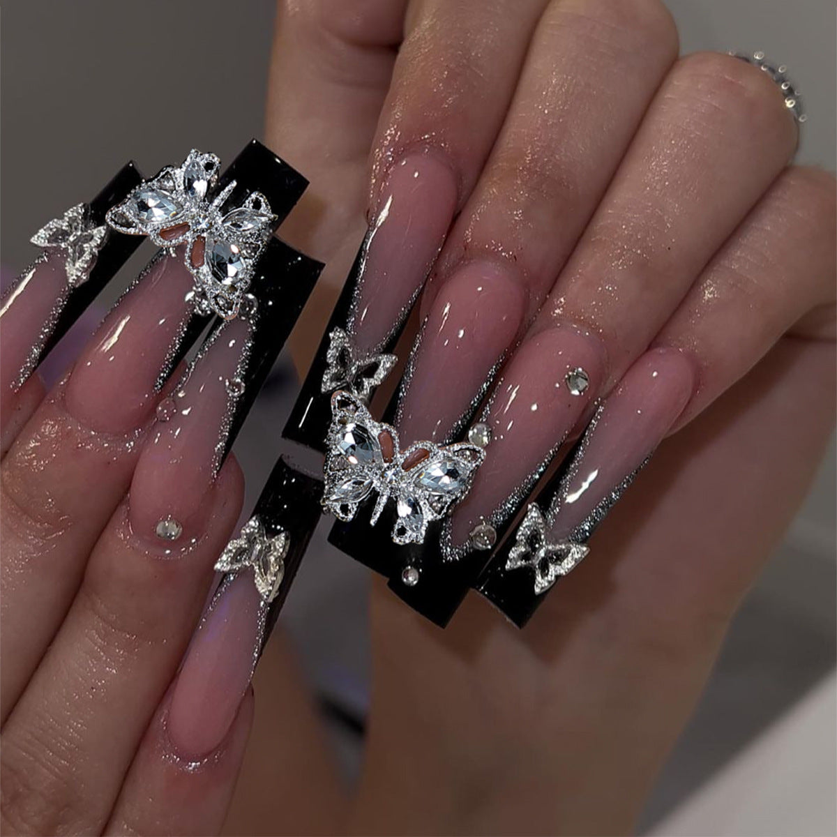 Glamorous Evening Long Square Black and Transparent Press-On Nails with Sparkling Butterflies and Rhinestones