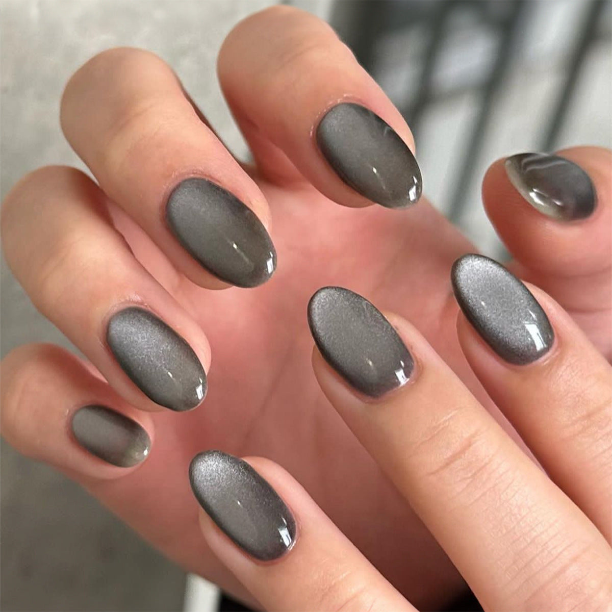 Matte Charcoal Nails with Silver Sparkle
