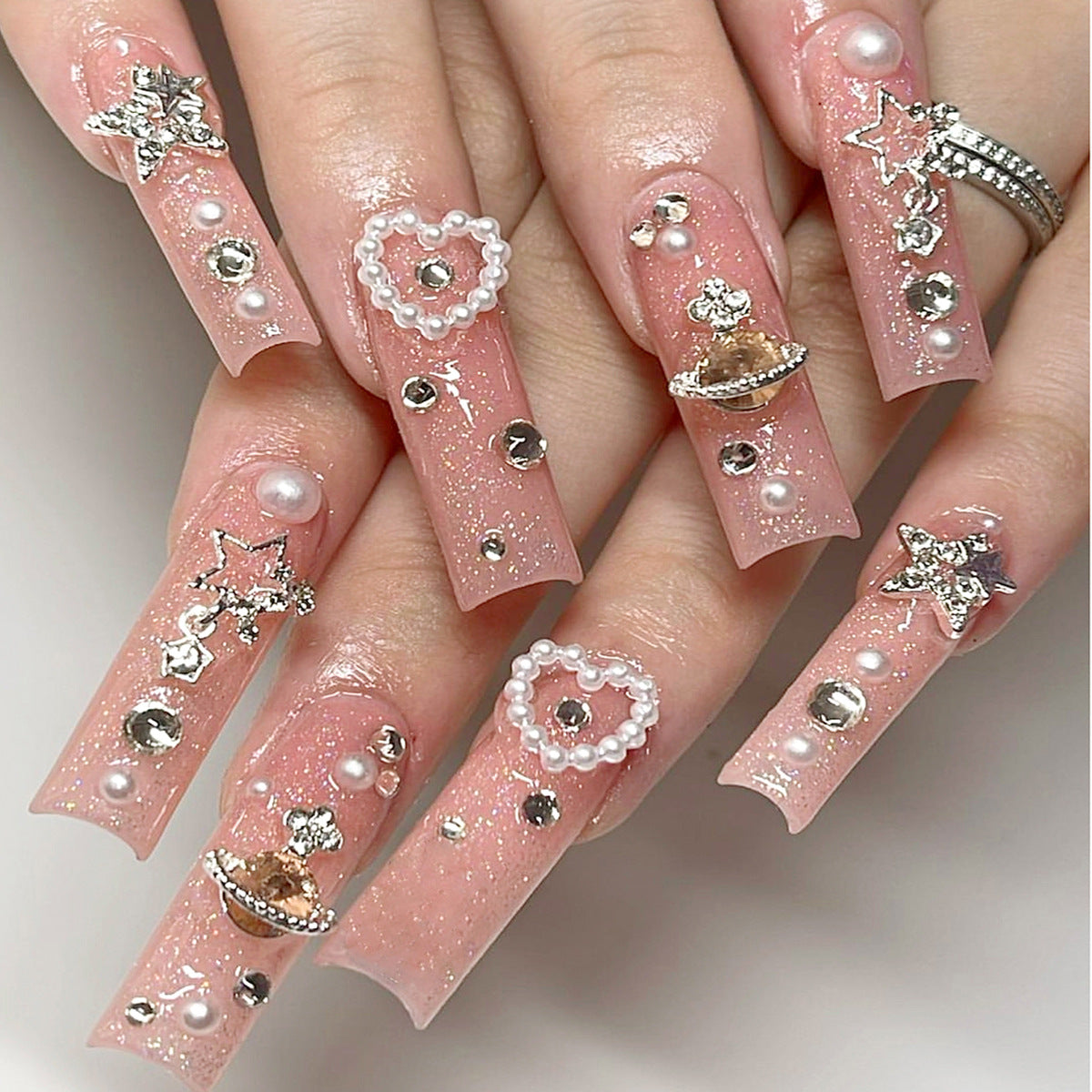 Enchanted Evening Long Square Pink Press-On Nails with Pearls and Silver Glitter Accents