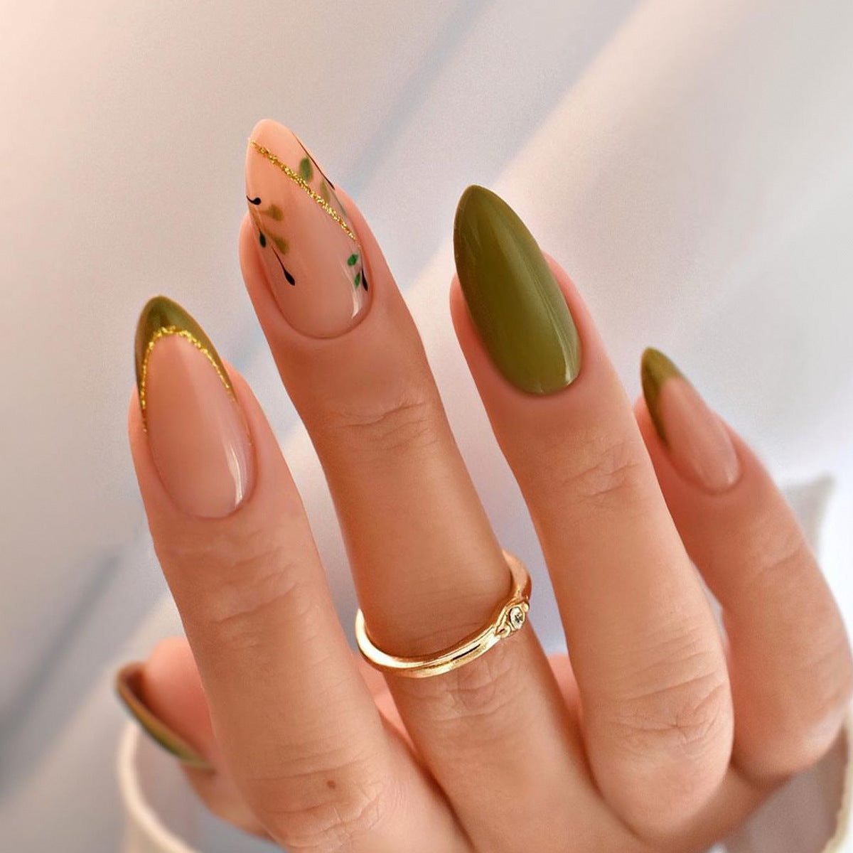 Olive Green Nails with Gold Flair