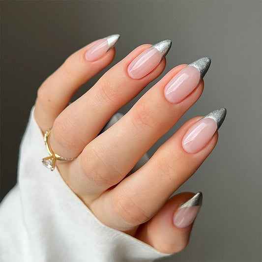 Elegant Evening Short Almond Pink and Silver Ombre Press On Nail Set with Glitter Accent