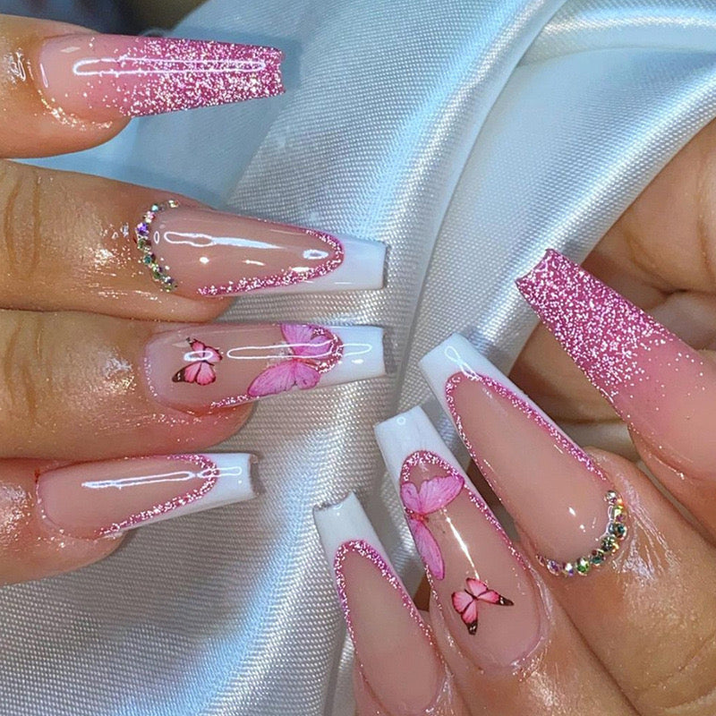 Give Me Some Glam Long Coffin Pink French Tips Press On Nails